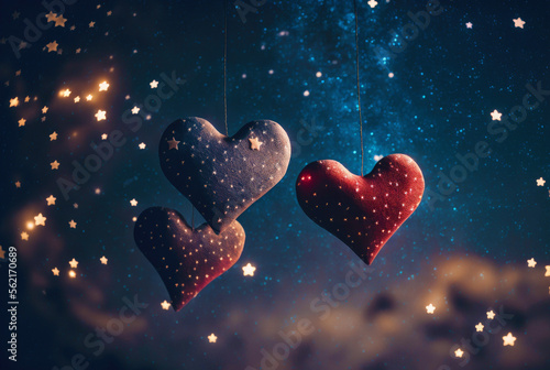 Valentines day, hearts on sky with starts at night, background illustration.