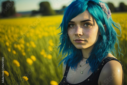 A cute beautiful emo girl with blue hair on a yellow dandelion field with copy space, generative AI photo
