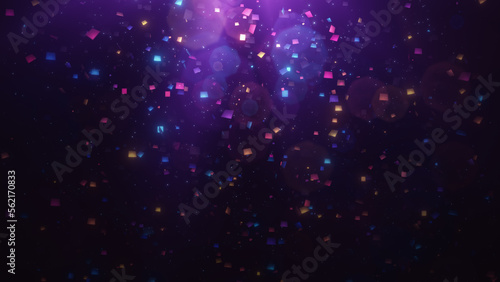 Festive glittering falling confetti. Elegant colorful particle flow. Gentle stream of luxury dust, magical snowfall, creative soft bokeh, awarding abstract background. 3d rendering