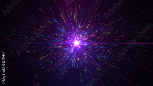 Gentle colorful cosmic flow. Fast travel in space, elegant stream, speed of light. Нуреr jump into another galaxy. Rays of neon meteors, universe explosion, endless moving through stars. 3d rendering