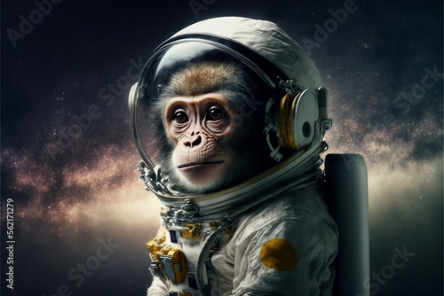 Portrait chimpanzee, monkey in a spacesuit in the galaxy, Stylized drawing, fashionista on a colored background 
