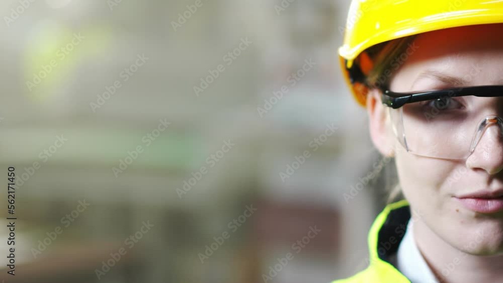 Close up of half face of woman engineer in yellow helmet and goggles looking straight to camera. Indoor. Manufactory work concept. Female worker in glasses of plant. Portrait. Industry of production. Close up of half face of woman engineer in yellow helmet and goggles looking straight to camera. Indoor. Manufactory work concept. Female worker in glasses of plant. Portrait. Industry of production.