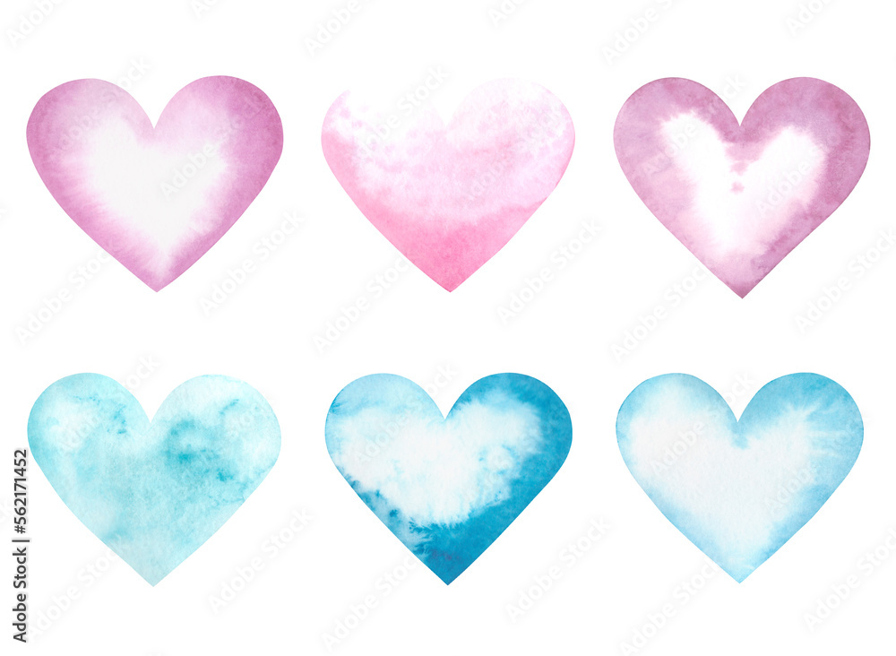 a set of textured watercolor hearts, pink and blue, hand-drawn for the holiday, congratulations and as a design element for decoration