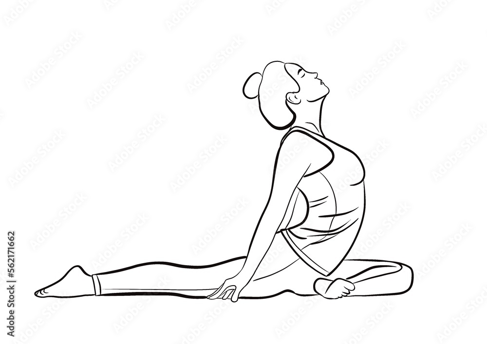 Illustration réaliste d’une femme faisant des étirements de gym au sol: fente avant. Dessin réaliste au contour noir épuré, trait  minimaliste. Thème : fitness, santé, sport, yoga - obrazy, fototapety, plakaty 
