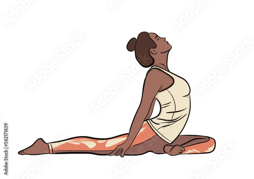 Illustration réaliste d’une femme faisant des étirements de gym au sol: fente avant. Dessin coloré , couleur pêche et violet, legging à motif abstrait. Thème : fitness, santé, sport, yoga. Png