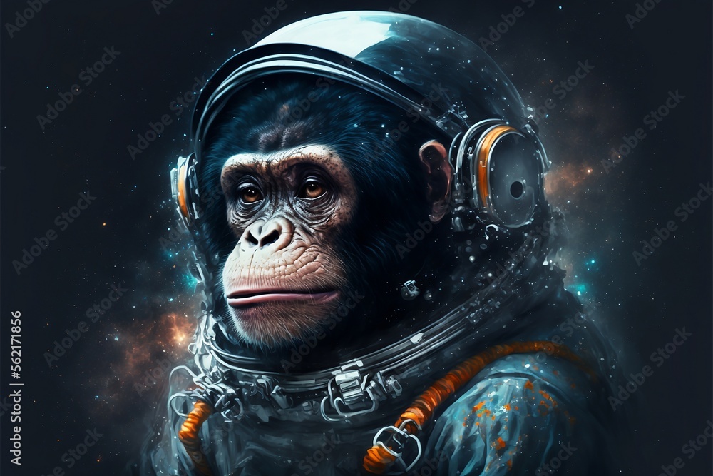 Portrait chimpanzee, monkey in a spacesuit in the galaxy, Stylized drawing, fashionista on a colored background 