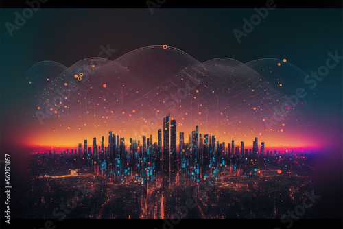 smart city and abstract dots connected with gradient lines technology concept.Generative AI