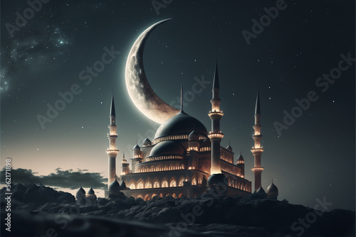 Fotografiet crescent shaped moon and mosque in front of night cloudy and starry sky