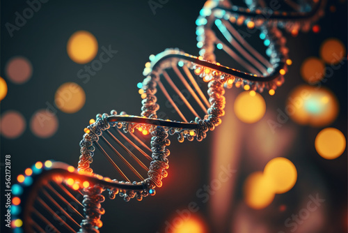 Fotografia macro close up of a DNA strand showing quantum data communication to the divine