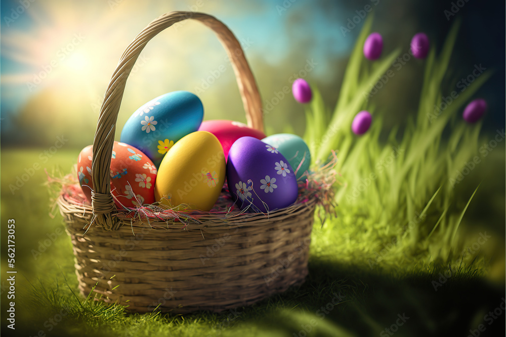 Basket of Easter Eggs On Sunny Meadow background AI