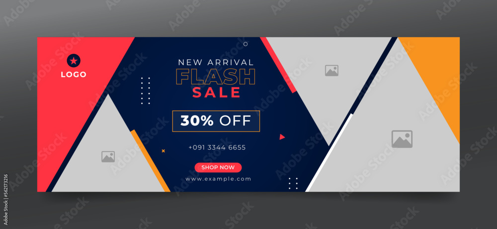 Flash sale facebook cover page timeline web ad banner template with photo place modern layout dark blue background, red orange shape and text - obrazy, fototapety, plakaty 