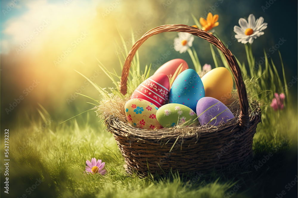Basket of Easter Eggs On Sunny Meadow background AI Basket of Easter Eggs On Sunny Meadow background AI