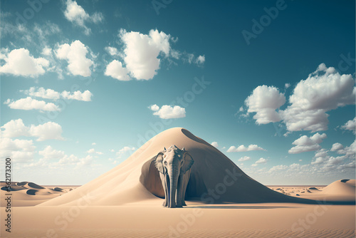 minimal landscape of sky and symmetrical sand dunes with a lone lost elephant in the background. Generative AI