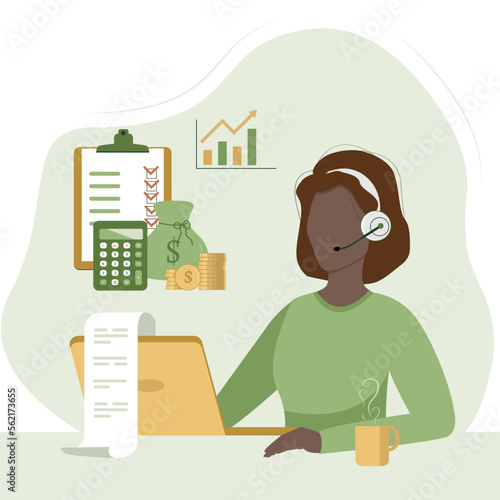 Illustrated concept of online financial or business consultations. Bank customer support call center operator.