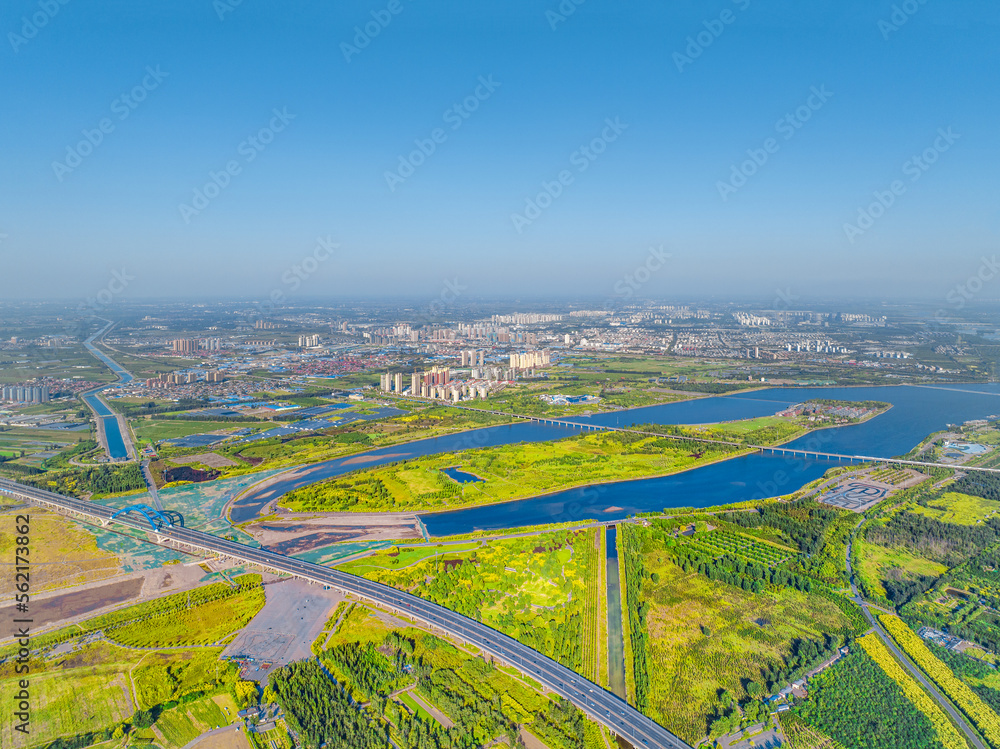 Aerial photography of Hutuo River Ecological Zone, Hutuo River Island, Lanxiu Tower in Binshui Park, Shijiazhuang City, Hebei Province, China