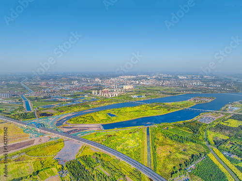 Aerial photography of Hutuo River Ecological Zone, Hutuo River Island, Lanxiu Tower in Binshui Park, Shijiazhuang City, Hebei Province, China