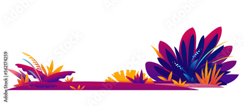 Decorative composition of fantastic plants in violet colors on ground, composition of plants on the sunny lawn in saturated ultraviolet colors, isolated