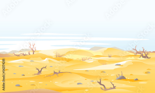 Desert landscape with dead trees and shrubs around big sand dunes in sunny day, arid deserted place without water and without plants, sand dunes to the horizon