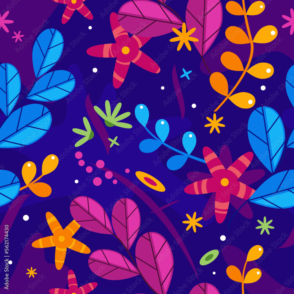 Fototapeta premium Floral simplify vector pattern with flowers and plants in different colors on violet background, blue and purple leaves with orange flowers decoration in saturated shades