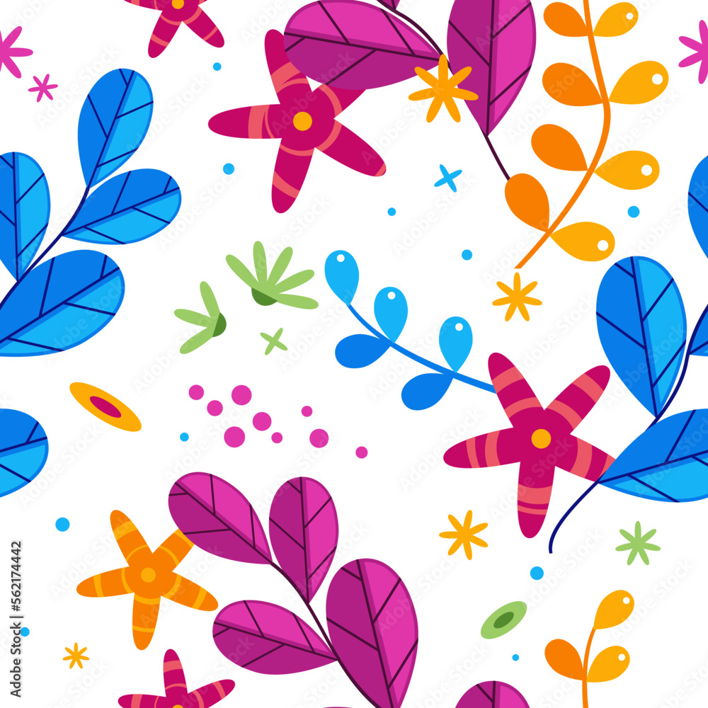 Floral simplify vector pattern with flowers and plants in different colors on white background, blue and purple leaves with orange flowers decoration in saturated shades