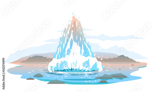 Hot water steam spraying out from under the ground, rare natural phenomena geyser activity illustration, interesting tourist places