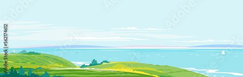 Panorama of the seaside from the coastal hills overgrown with vegetation  agricultural fields  hills and meadows near the sea coast  summer countryside with green hills  rural landscape