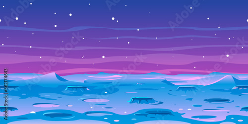Cartoon Moon landscape with craters on space with stars, game background tileable horizontally, fantastic planet blue surface illustration