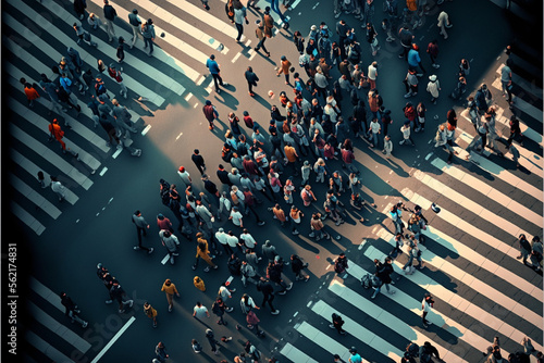 top view crowd of people walking on the road. Generative AI photo