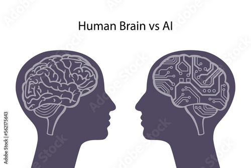 Human brain vs artificial intelligence. Two human heads.
