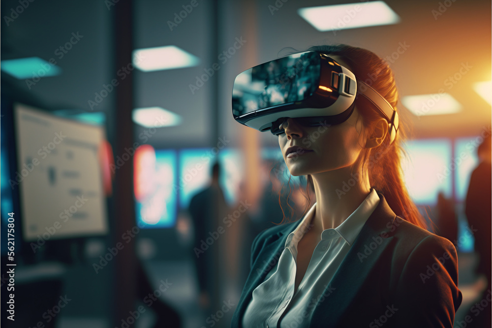 Illustration of a woman using a VR headset - Metaverse - Generative ai Illustration of a woman using a VR headset - Metaverse - Generative ai