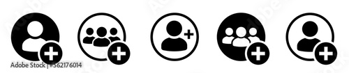 Add new user icon set. Person profile avatar with plus. Add user profile icon. Male person profile avatar in black colors. Vector illustration.