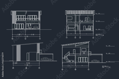 Detailed townhouse section, floor plans, apartments layout. Vector blueprint for architectural vector