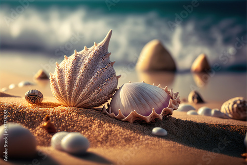 Seashells on seashore - beach holiday background, AI