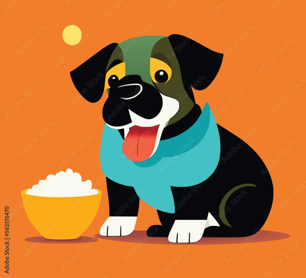 Fototapeta premium Funny cartoon dog characters with food in bowl. vector illustration