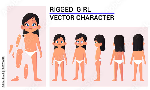 Child Character Creation Set For Animation, Girl Wearing Underwear with Black Hair Poses
