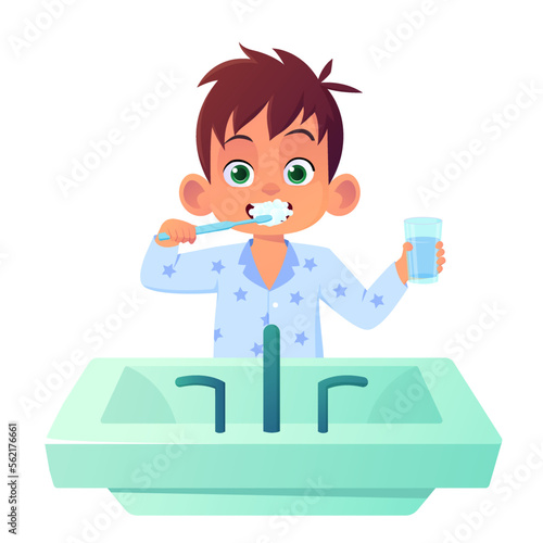 Boy Cartoon Character Brushing Tooth in Sink Vector Illustration