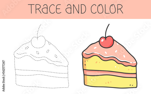 Trace and colour coloring book with piece of cake for kids. Coloring page with a cute cartoon cake. Vector illustration.