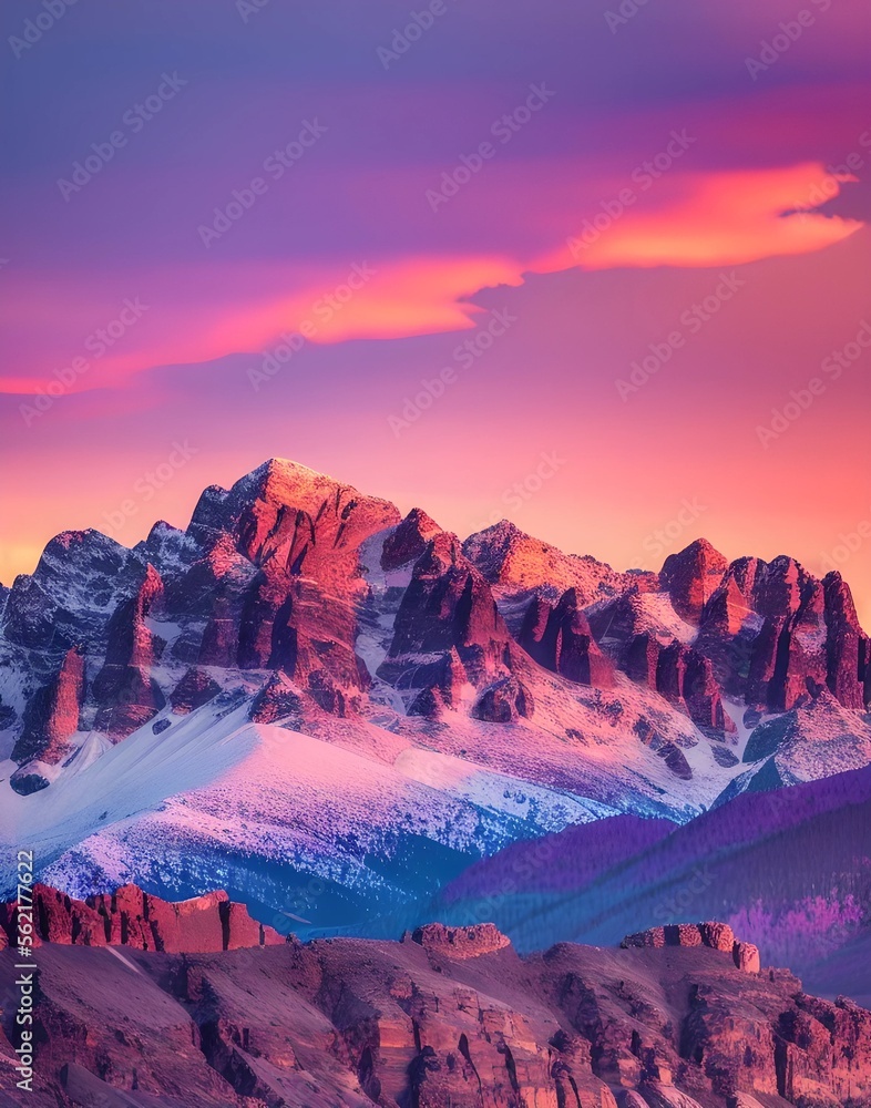 A beautiful, long shot print of a sunset displaying vibrant orange, pink, and purple hues over a majestic mountain range. Perfect for creating a serene and ambient outdoor atmosphere.