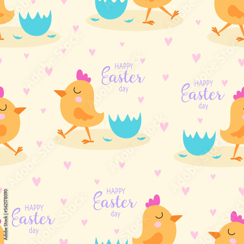 easter seamless pattern with cute chicken  flat style