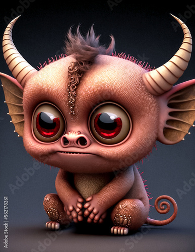 Cartoon cute baby devil portrait on dark background, generative ai