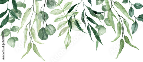 Green leaf floral border. Watercolor forest foliage banner. A pre-made botanical frame on transparent background.   PNG illustration.