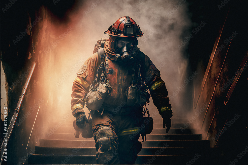 Naklejka premium Fireman in action, ai generated