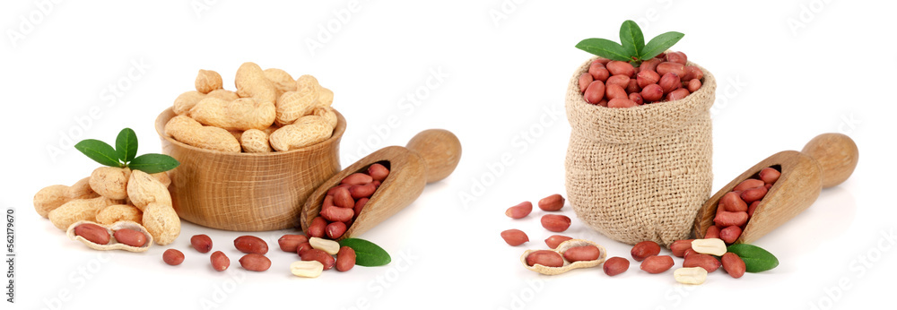 peanuts with leaf in wooden bowl isolated on white background