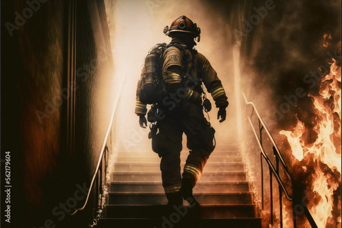 Fireman walking in a house on stairs. Firefighter in flames, AI generated