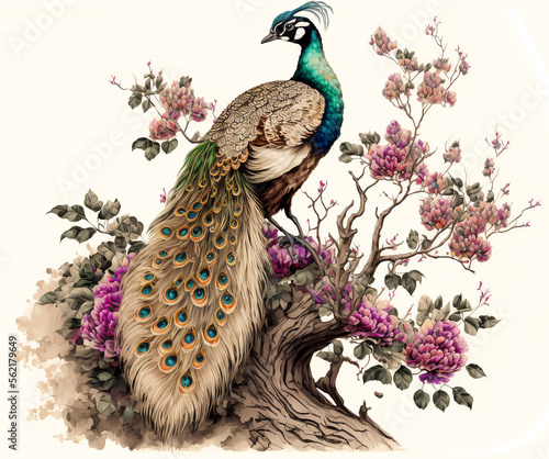 Fotografie Digital watercolor painting with exotic peacock, tropical bird, floral backgroun