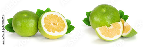 Citrus Sweetie or Pomelit, oroblanco with slices and leaf isolated on white background close-up