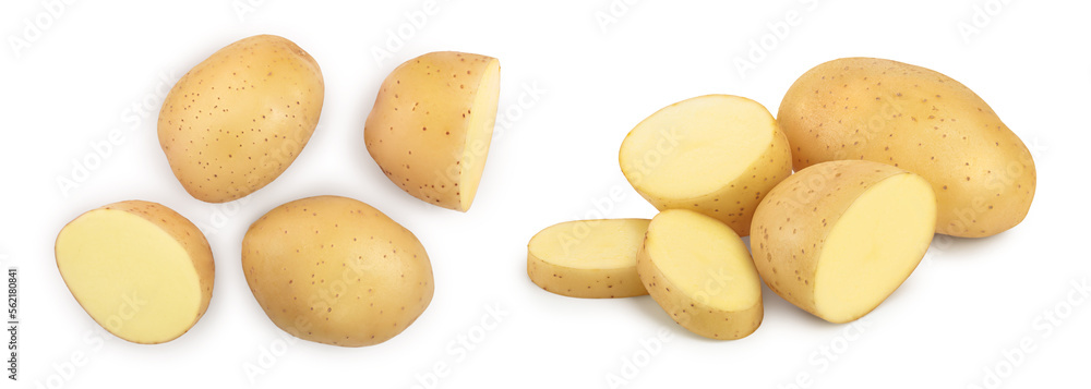 Young potato isolated on white background. Harvest new. Top view. Flat lay, Young potato isolated on white background. Harvest new. Top view. Flat lay,