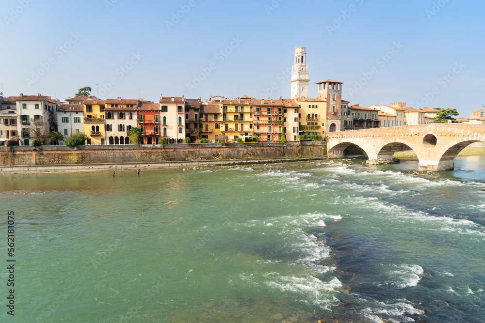 view of Adige River and Ponte di Pietraold town of Verona, Italy