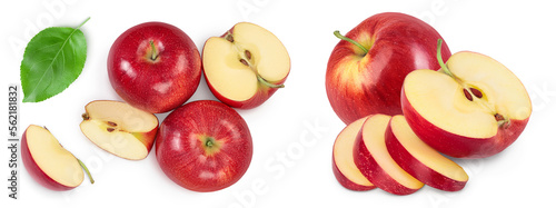 Red apple with half isolated on white background with full depth of field. Top view. Flat lay.
