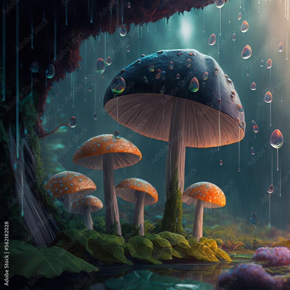 Fototapeta premium mushrooms in a forest with a rainfall and cliffs with crystals